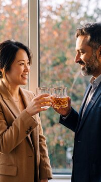 Smiling diverse business colleagues toasting with glasses of whiskey by a window in a modern office