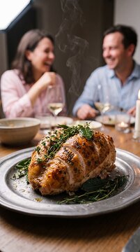Steaming roasted turkey breast garnished with herbs on a platter with a happy couple enjoying festive holiday dinner in the background