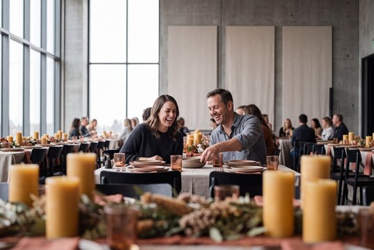 A happy adult couple laughs and talks together while sitting at an elegantly decorated dining table during a modern banquet event