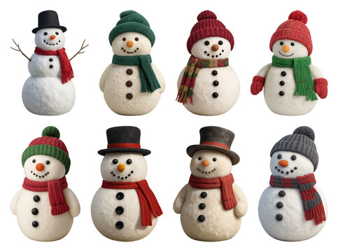 PNG Charming snowmen with colorful accessories, element set on transparent background