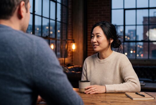 Smiling Asian Woman Having a Casual Business Meeting or Coffee Conversation with Colleague in Urban Loft Office