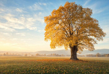 Obraz premium A single large majestic tree with bright golden autumn foliage standing in a misty meadow at sunrise transparent background