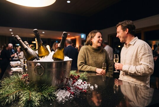 Chilled bottles of champagne in an ice bucket with a smiling couple celebrating at a festive holiday party