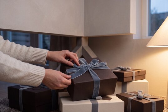 Woman in a cozy sweater arranging elegant holiday gift boxes with velvet ribbons near a warm lamp in a modern living room