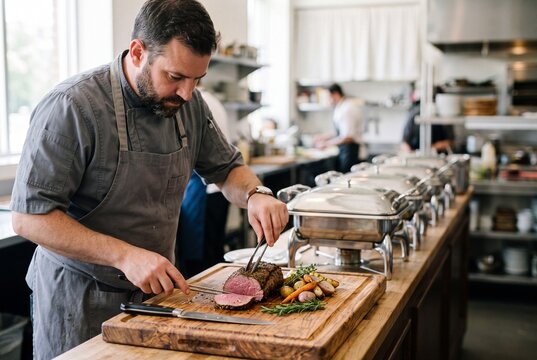 Professional male chef slicing roasted beef tenderloin on a wooden board in a commercial restaurant kitchen