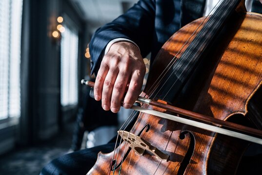 Close-up of a professional cellist in a dark suit playing the cello with a bow in elegant indoor lighting