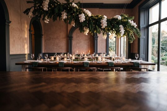 Festive holiday banquet table setting with hanging evergreen pine garland, white orchids, fairy lights, and glowing candles in an elegant dining room