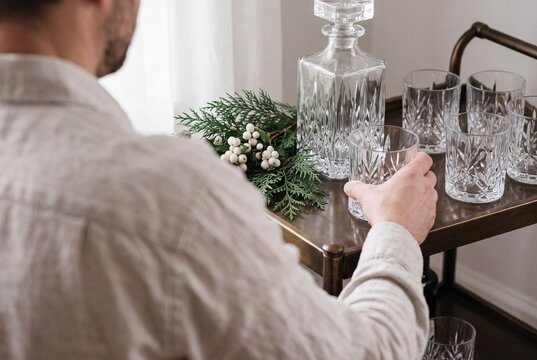 Man reaching for a crystal whiskey glass from an elegant bar cart decorated with festive winter greenery