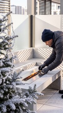 Caucasian Man in Winter Clothes Lighting a Modern Outdoor Fire Pit on a Rooftop Patio