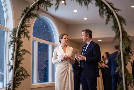 Elegant bride and groom talking and holding drinks during an intimate winter wedding reception indoors