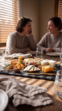 Gourmet cheese board with brie, figs, and honeycomb on a rustic table with two smiling friends in the background