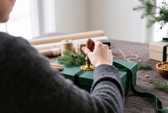 Woman sealing an elegant green Christmas gift box with hot wax and a vintage brass stamp at a craft table