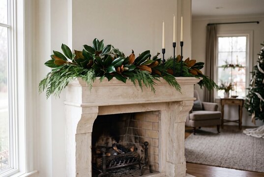 Elegant fireplace mantel decorated with festive magnolia garland, evergreen branches, and taper candles for Christmas holiday decor