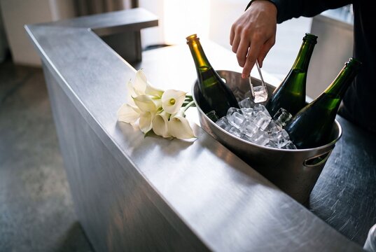 Bartender using ice tongs to chill wine bottles in a bucket with ice cubes next to white flowers on a counter