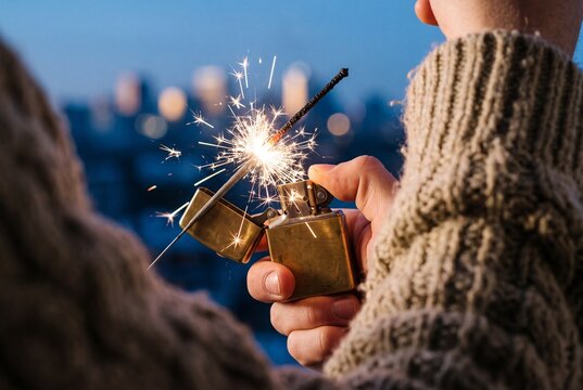 Person in a cozy knit sweater lights a festive sparkler with a vintage brass lighter against a city skyline at dusk