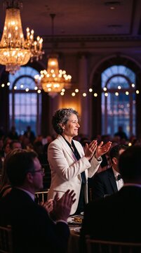 Elegant mature businesswoman in a white blazer standing and clapping during a gala dinner or corporate award ceremony in a luxury banquet hall