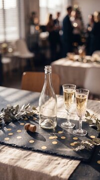Two sparkling champagne glasses with an empty bottle on a festive decorated table during a party celebration