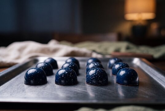 Rows of luxury handcrafted blue chocolate bonbons with starry speckled glaze arranged on a metal baking tray