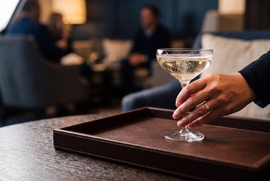 Woman holding a glass of sparkling champagne in a coupe glass served on a leather tray in a luxury lounge