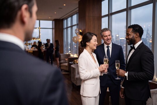Diverse business colleagues drinking champagne and networking at an upscale rooftop corporate party with city skyline view