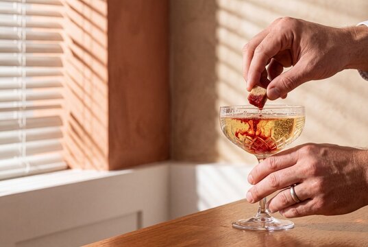 Bartender drops a bitters soaked sugar cube into a glass of sparkling champagne to make a classic cocktail