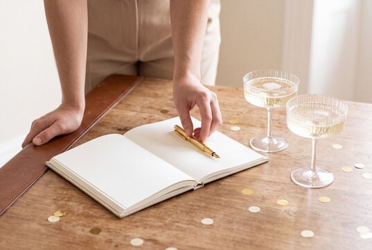 Woman leaning over a wooden table to write in a blank notebook with a luxury gold fountain pen next to champagne glasses