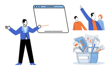 Professional speaker presenting data on a screen vector illustration. Corporate training, business strategy, team collaboration, project management, information analysis, educational workshop © Dmytro