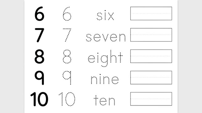 Handwriting practice worksheet for numbers 6 through 10 with tracing guides
