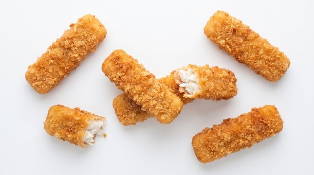 Five crispy golden brown fish sticks arranged on a clean white surface