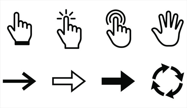 Selection of cursor hand pointers and directional arrow icons with click icon pointer icon web navigation interface icons mouse cursor arrow signs touch gesture