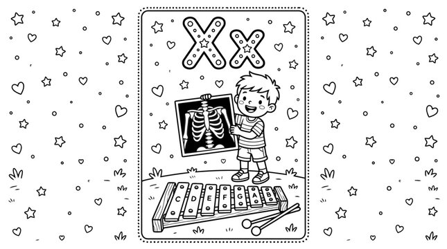 Letter x coloring page for children featuring a boy holding an xray and a xylophone