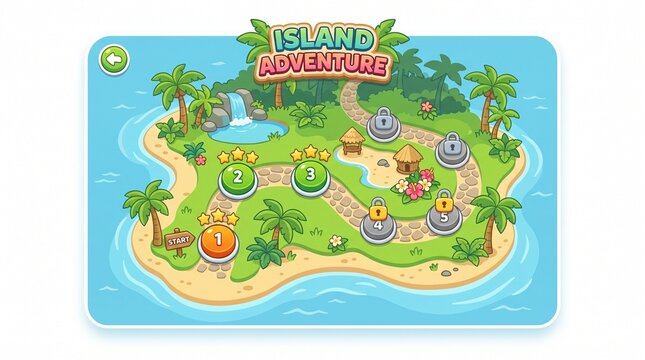 Island adventure game map with numbered levels for mobile app or educational material