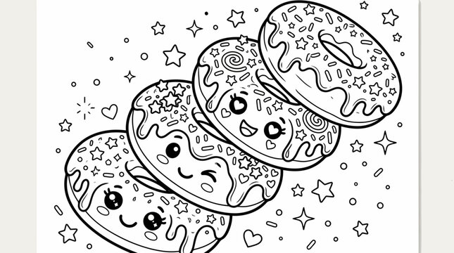 Kawaii donuts coloring page