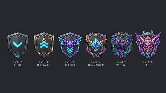 Futuristic sci-fi gaming rank badges for elite player progression display