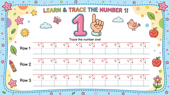 Worksheet for children to learn and trace the number one with cute illustrations