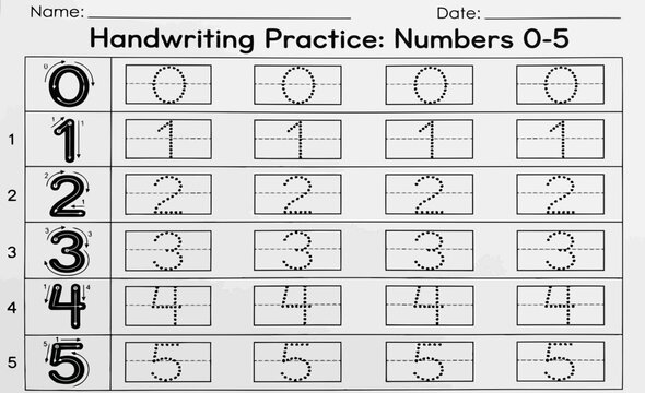 Handwriting practice worksheet for children to trace numbers zero through five