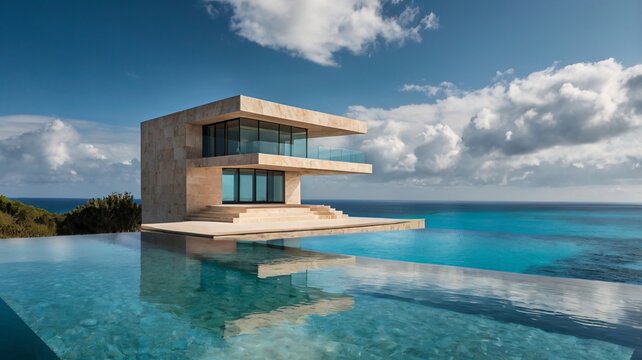 Modern luxury minimalist villa with infinity pool overlooking the ocean