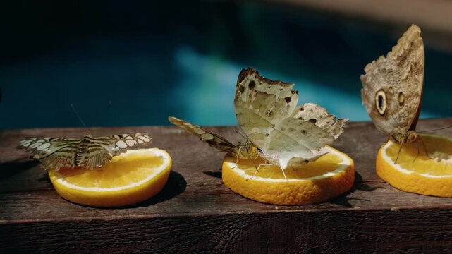 Butterflies feeding on orange slices on wooden ledge with blue water background.