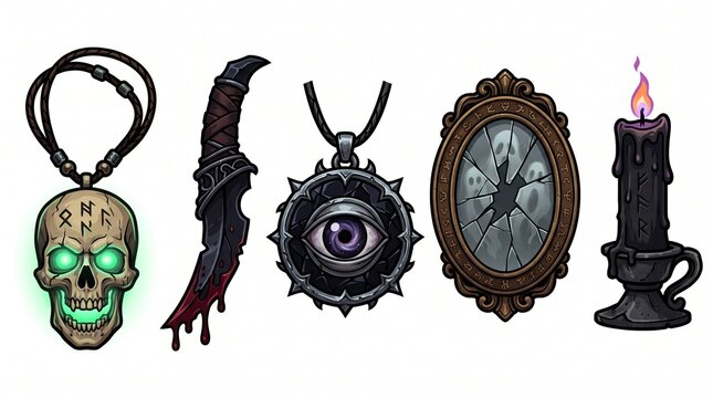 Dark fantasy rpg artifacts and cursed jewelry set with glowing skull pendant