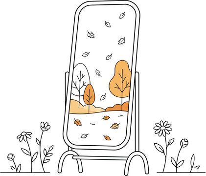 Standing mirror reflecting an autumn landscape illustration with falling leaves