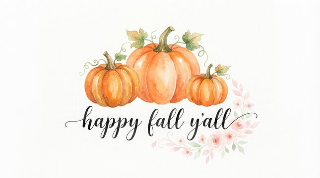 Watercolor pumpkins and autumn leaves with a handwritten happy fall yall greeting