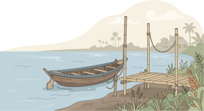 Wooden boat moored by bamboo pier in serene river landscape vector