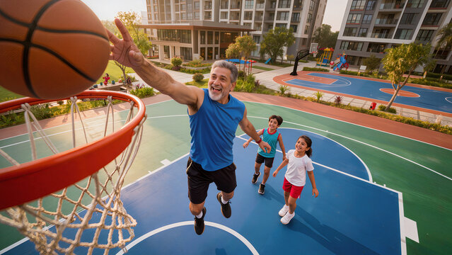 Happy Indian Senior Grandfather and Grandson Playing Basketball Outdoors on Court in Evening