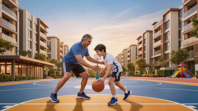 Happy Indian Senior Grandfather and Grandson Playing Basketball Outdoors on Court in Evening