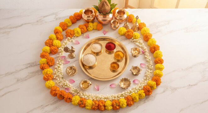 Top View of Diwali Puja Thali with Brass Diyas, Kumkum, Rice, Turmeric and Coconut Kalash Surrounded by Marigold and Jasmine Flower Garland