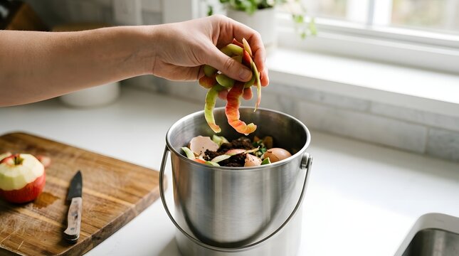 Person putting apple peels into small metal kitchen compost pail