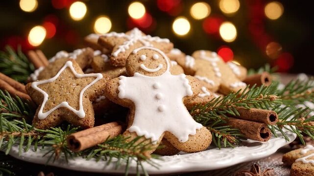 Delicious gingerbread cookies, including a smiling gingerbread man, beautifully decorated with white icing and festive holiday elements.