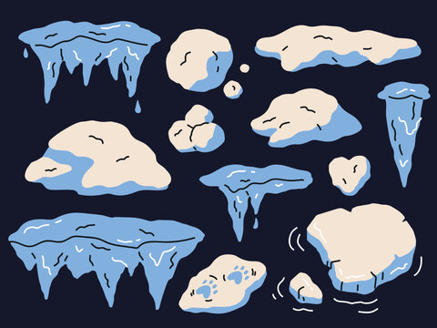 vector Set of stylized winter elements including snowballs, icicles, animal tracks, snowdrifts and a piece of ice on a dark background. Seasonal elements for winter games, snowman building, wildlife, 