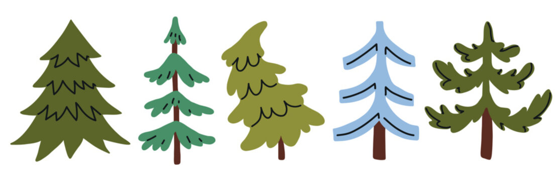vector Set of five stylized evergreen trees in different shapes, isolated on a white background. Winter forest and Christmas elements for stickers, cards, nursery designs, seasonal decorations and nat