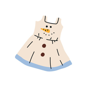 vector children's dress with a stylized snowman face design, isolated on a white background. Festive winter clothing for Christmas parties, carnival costumes, holiday celebrations and seasonal childre